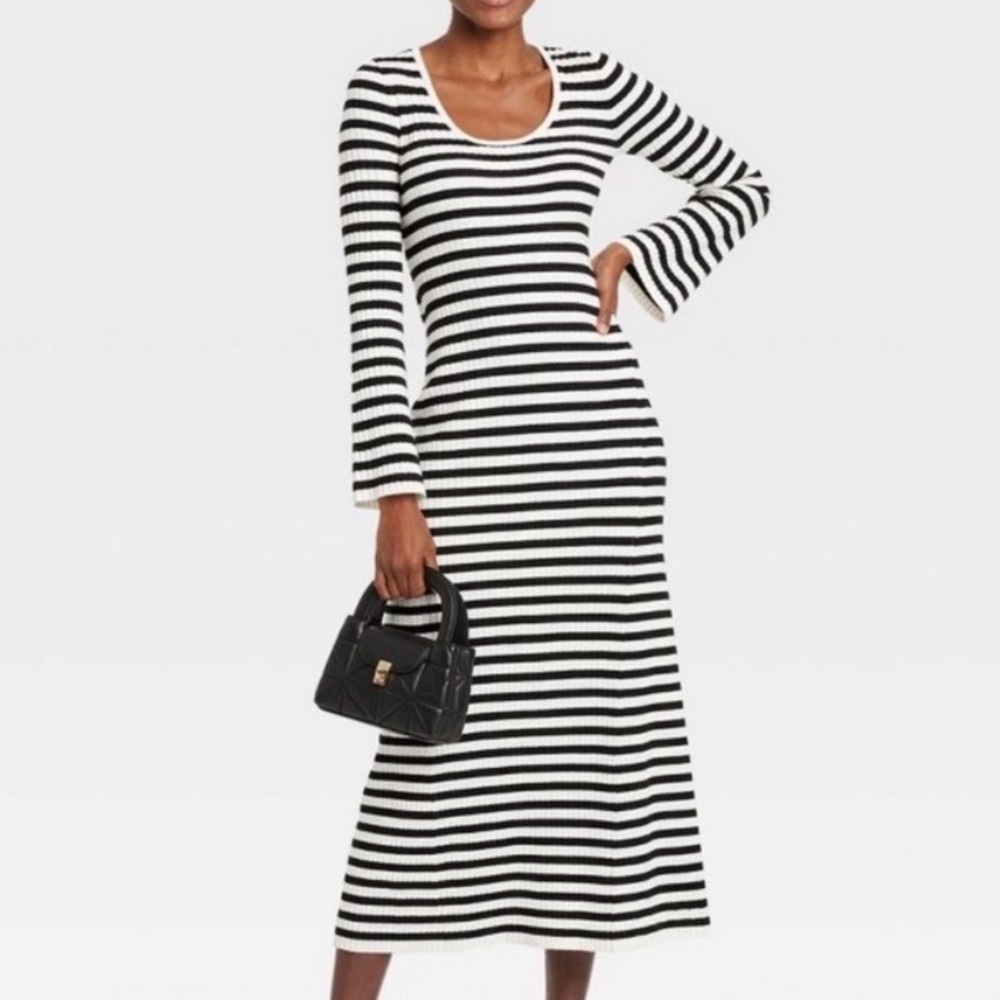a new day Black and White Striped Long Sleeve Dress